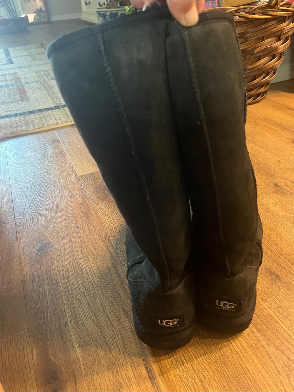 UGG Black Tall Suede Boots with Logo Heel